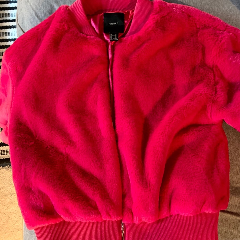 Pink faux fur bomber